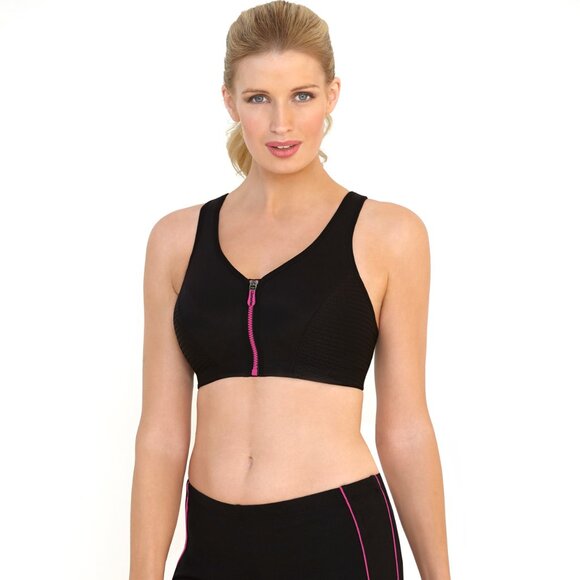Glamorise SPORT Bra 44B (HIGH-IMPACT) Wicks! (RACERBACK) T-Back Zip-Up Black NEW - Picture 1 of 16